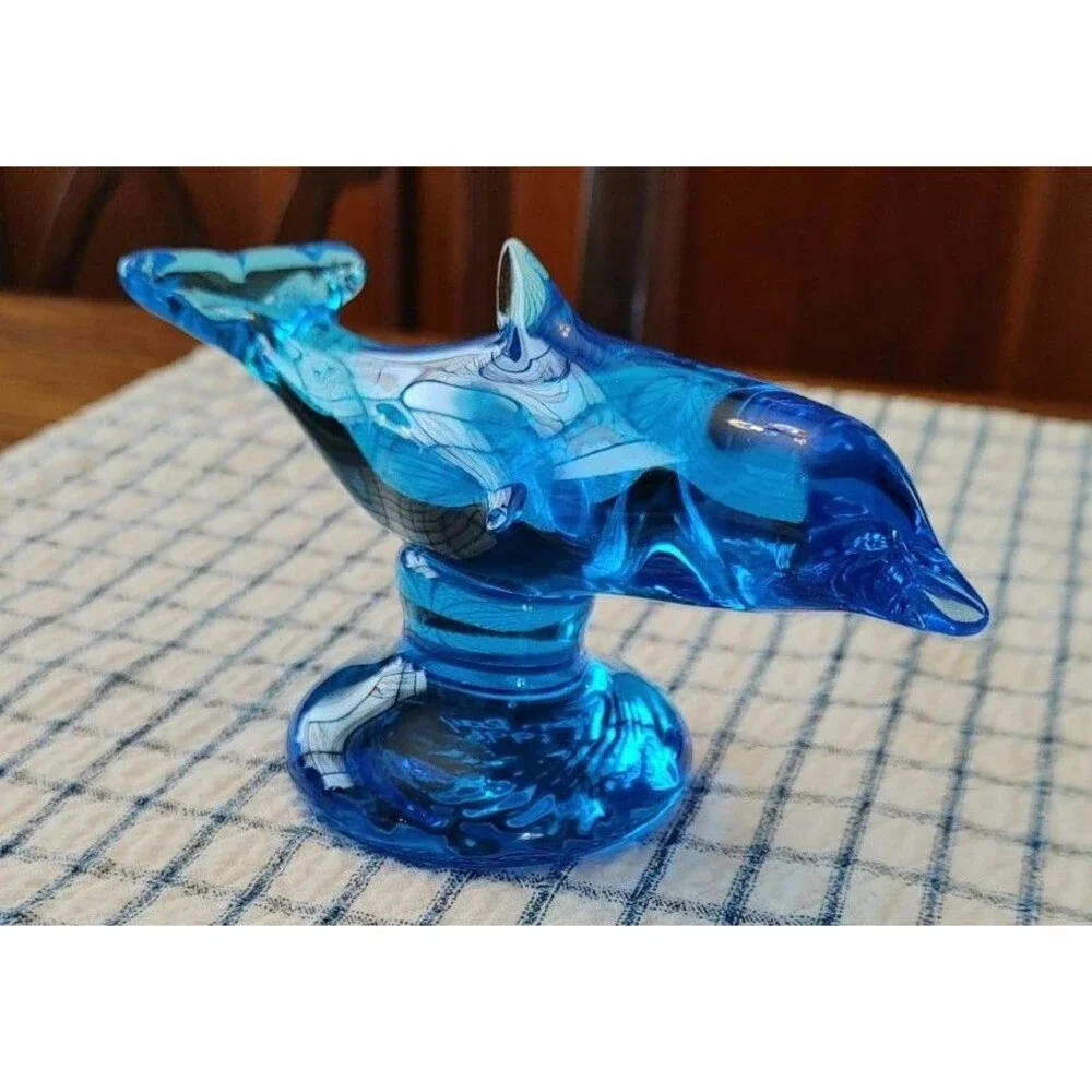 Vintage Ron Ray Blue Dolphin Art Glass Figurine Signed Date 1996 Hand Blown READ